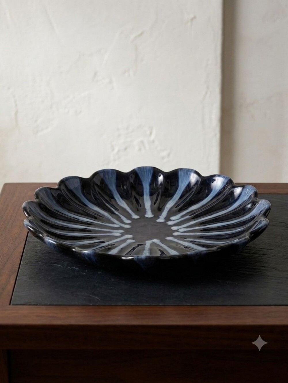 Vintage Huronia Canada Large Art Pottery Plate Black & Blue Drip Glaze